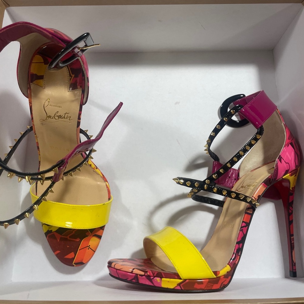 Christian Louboutin Spikes Choca Lux 120 Pat Metrograf Heels Sandals size 39.5